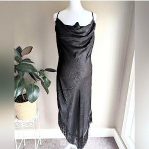 NWOT Hirty/Thirty midi black backless fringe trim midi dress XL large